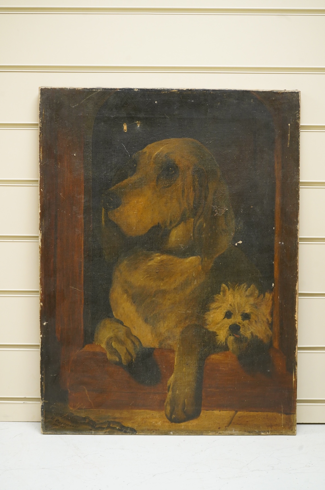 After Edwin Landseer RA (1802-1873), 'Dignity and Impudence', signed W. Puddicombe and dated December 1883, oil on canvas, unframed, 61 x 46cm